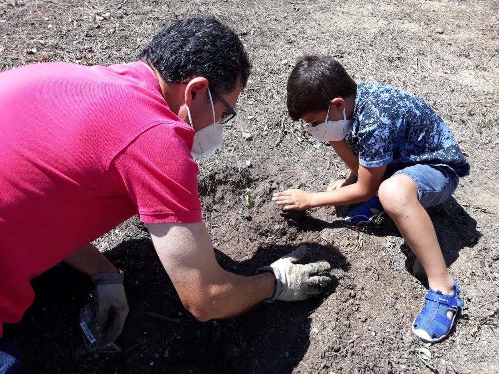 Imagen: Ilche. Alguacil y niño plantando la carrasca en homenaje a las víctimas de la Covid-19